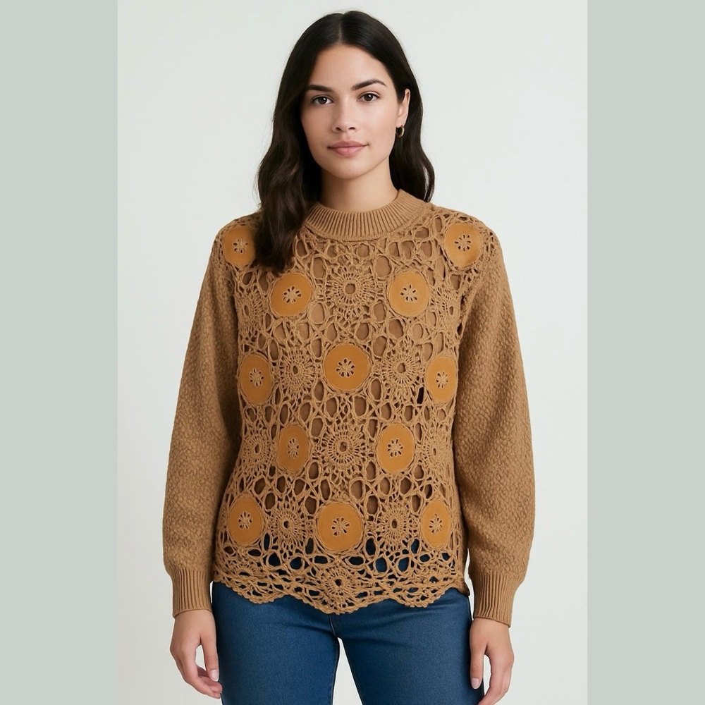 Vintage Virtue Tan Crochet Front Crewneck Sweater Size M